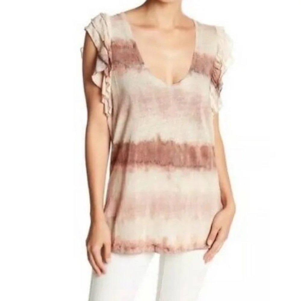 Young Fabulous & Broke Pink White Brown Ruffle Shoulder 100% Linen Short Sleeve